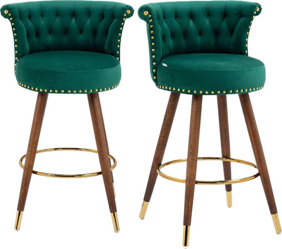 Merax Velvet Barkrukken 360° Draaibaar Retro Barkruk Set van 2 Barstoel met Voetensteun Emerald Groen met Goud