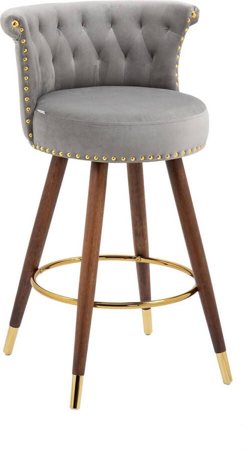 Merax Velvet Barkrukken 360° Draaibaar Retro Barkruk Set van 2 Barstoel met Voetensteun Grijs met Goud
