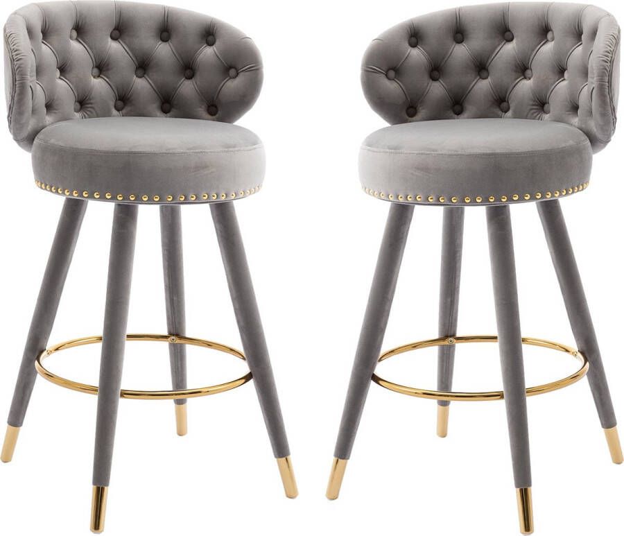Merax Velvet Barkrukken 360° Draaibaar Retro Barkruk Set van 2 Barstoel met Voetensteun Grijs met Goud