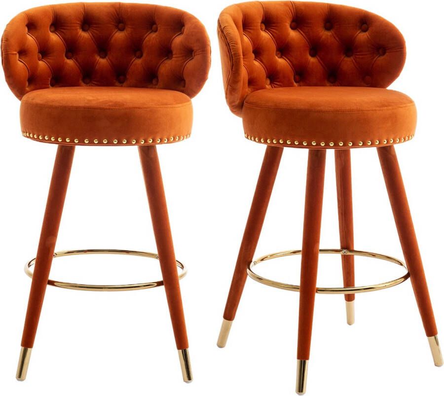 Merax Velvet Barkrukken 360° Draaibaar Retro Barkruk Set van 2 Barstoel met Voetensteun Oranje met Goud
