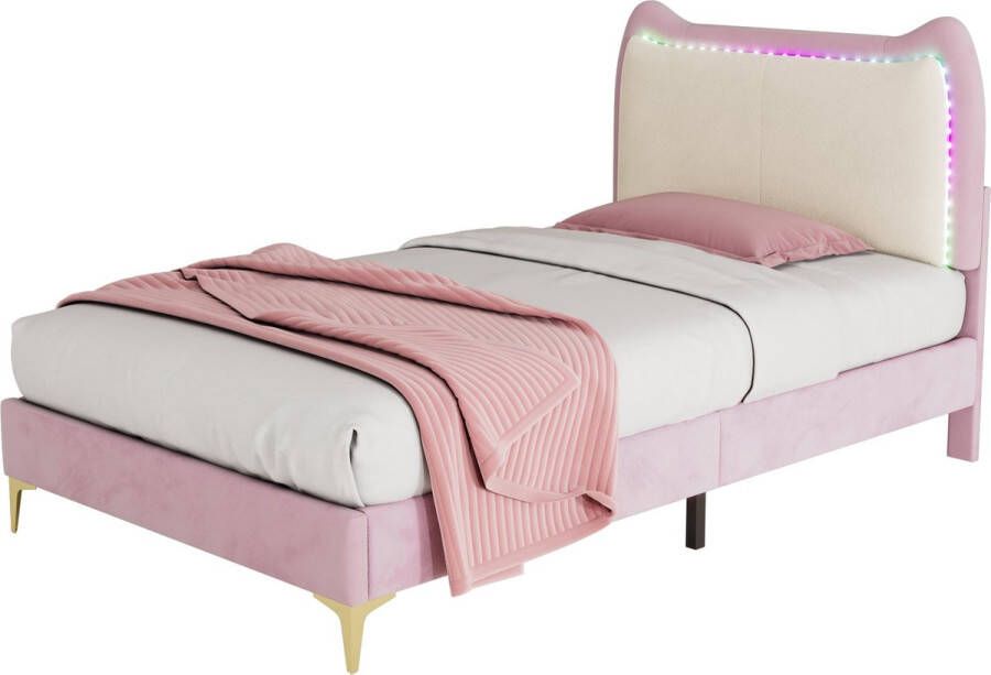 Merax Velvet Bed met LED Verlichting 90x200 cm Kinderbed met Kattenoren Eenpersoonsbed Roze met Wit