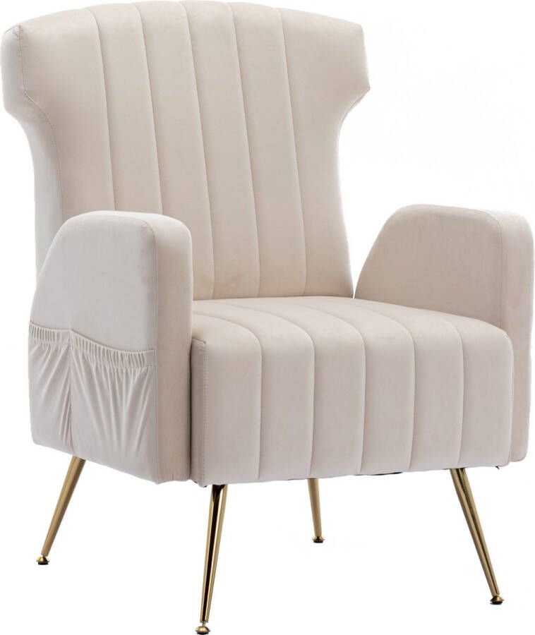 Merax Velvet Fauteuil Gestoffeerde Stoel met Gouden Poten Beige
