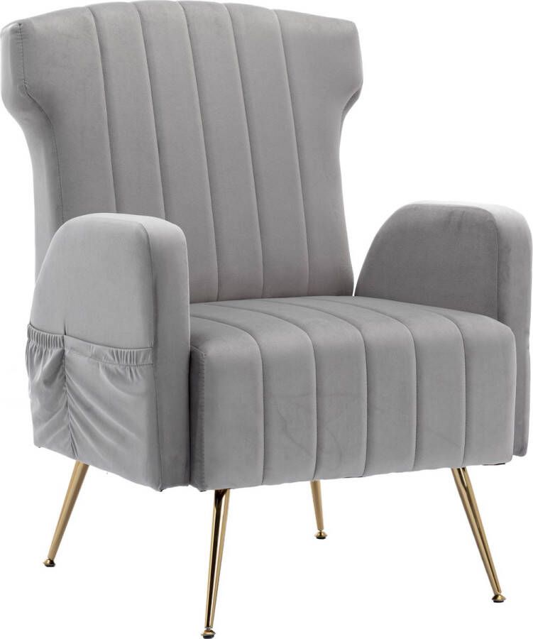 Merax Velvet Fauteuil Gestoffeerde Stoel met Gouden Poten Grijs
