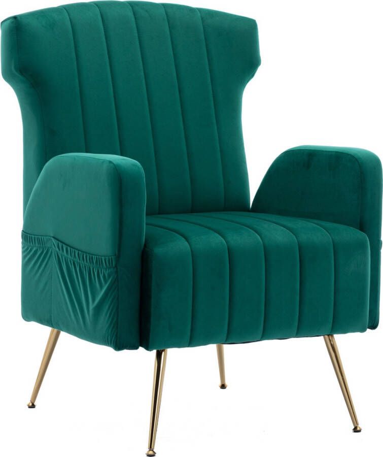 Merax Velvet Fauteuil Gestoffeerde Stoel met Gouden Poten Groen