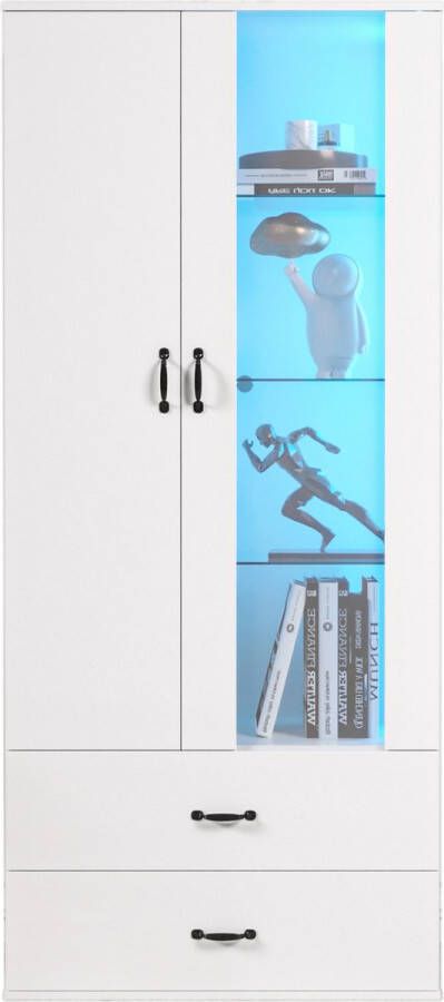 Merax Vitrinekast met LED-verlichting met 16 Kleuren – Hoge Kast met 2 Deuren en 2 Lades – Opbergkast – Wit