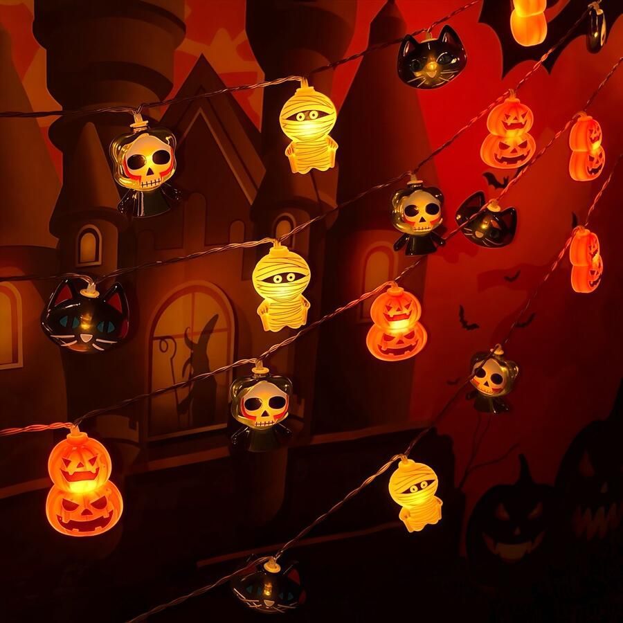 Merdoo Halloween Lantaarns Decoratie- Halloween met Licht Decoratie Buiten Accesoires – Waterdicht Lampjes Instelbaar Lichtjes Pompoen-Schedel-Mummie-Zwarte Kat Lamp 3M 20 LED Sets
