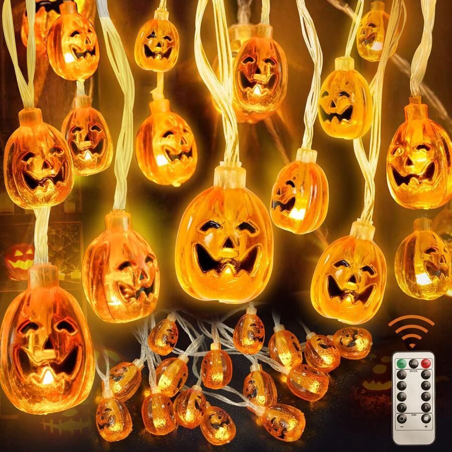 Merdoo Halloween Lantaarns Decoratie- Halloween Pompoenen met Licht Decoratie Buiten Accesoires – Waterdicht Lampjes Lachende Pompoen Lamp-Instelbaar Lichtjes Lamp 3M 20 LED Sets