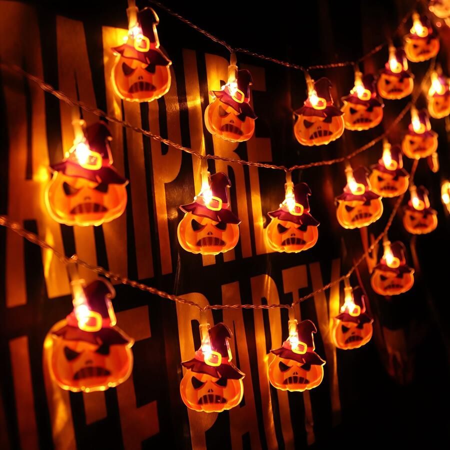 Merdoo Halloween Lantaarns Decoratie- Halloween Pompoenen met Licht Decoratie Buiten Accesoires – Waterdicht Lampjes Instelbaar Lichtjes Pompoen met Paarse Hoed Lamp 3M 20 LED Sets