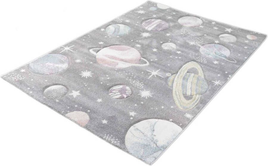 Merinos Karpet24 Onderhoudsvriendelijk tapijt voor de kinderkamer met planeet en sterren grijs-120 x 170 cm