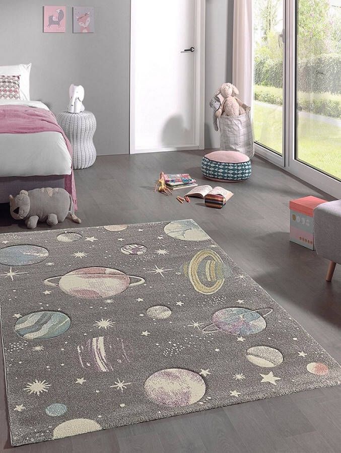 Merinos Karpet24 Onderhoudsvriendelijk tapijt voor de kinderkamer met planeet en sterren grijs-140 x 200 cm