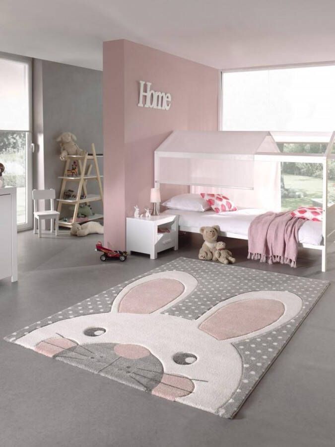 Merinos Karpet24 Vloerkleed voor de kinderkamer Pastel Kids Hazen motief 120 x 170 cm met de hand gesneden reliëfpatroon Grijs-Roze