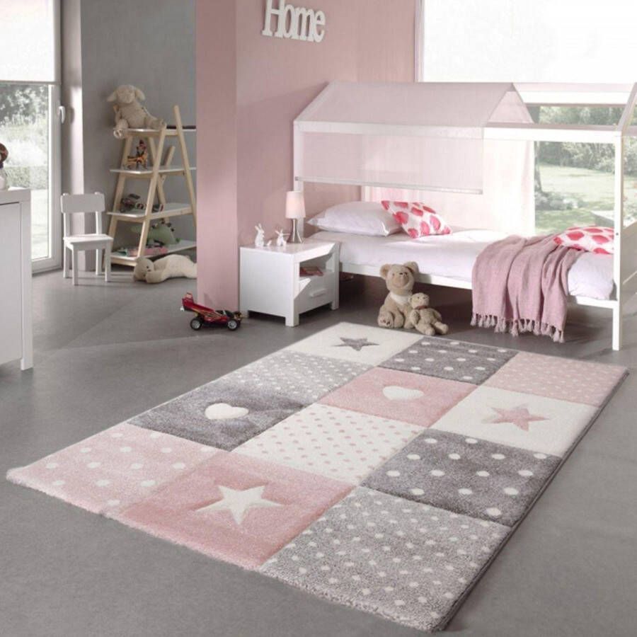Merinos Vloerkleed Kinderkamer Sterren En Hartjes Pastel kleuren 20339 Roze 160 x 230 cm