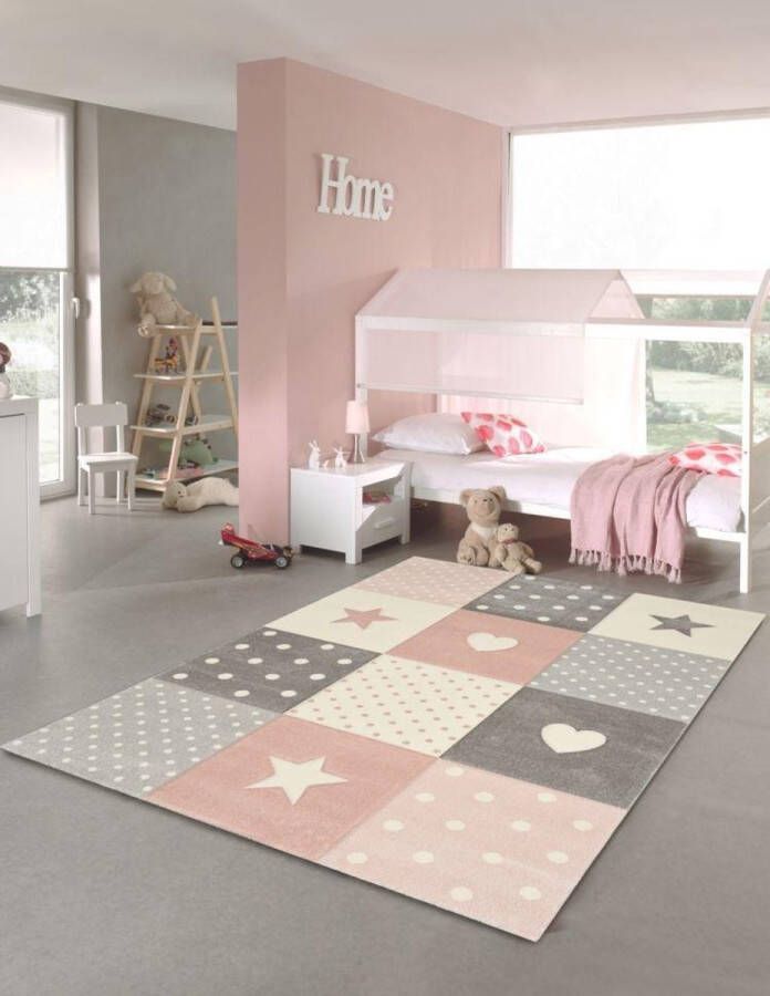 Merinos Vloerkleed Kinderkamer Sterren En Hartjes Pastel kleuren 20339 Roze 200 x 290 cm