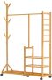 Merk-loos 4-in-1 kledingrek van bamboe met kapstok aan de zijkant boomontwerp met haken 3 opbergplanken met universele wielen - Thumbnail 2