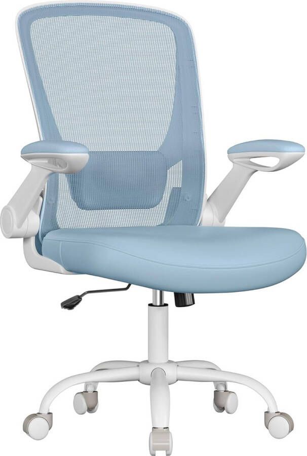 Merk-loos Ergonomische Canvas Bureaustoel Fauteuil Gewatteerde Lendensteun Schommelmechanisme 53 cm Brede Zitting Inklapbare Armleuningen Misty Blauw