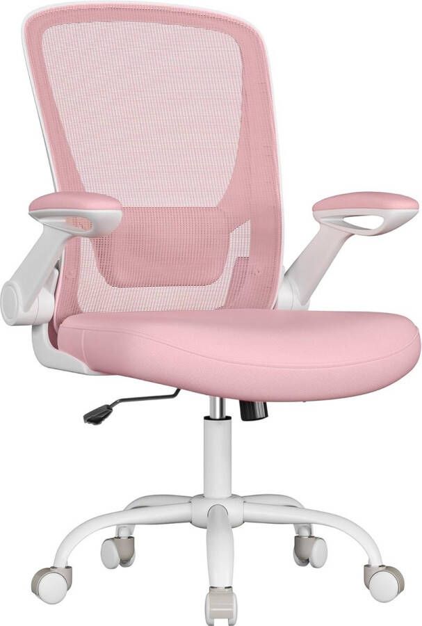 Merk-loos Ergonomische Canvas Bureaustoel Fauteuil Gewatteerde Lendesteun Schommelmechanisme 53 cm Brede Zitting Opklapbare Armleuningen Candy roze