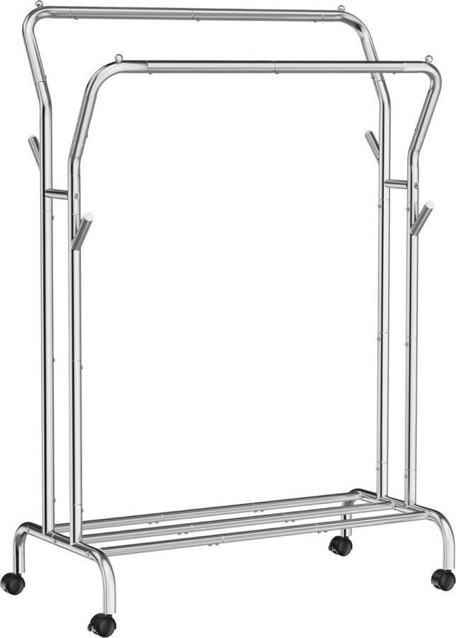 Merk-loos Kapstok op wielen 2 kledingstangen kapstok van stalen buizen belastbaar tot 100 kg 103 5 cm breed multifunctionele opslag zilver 52.5 x 103.5 x 155 cm