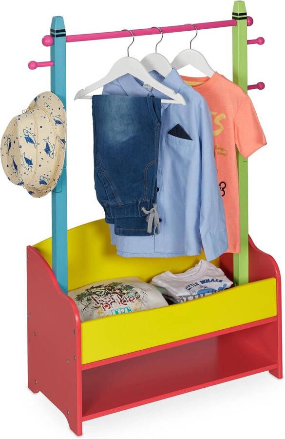 Merk-loos kledingrek kinderen garderobe kinderkamer 4 haken 2 planken HBD: 100 5 x 71 x 30 cm kapstok gekleurd