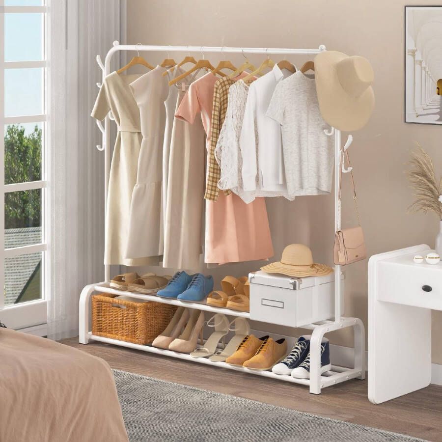 Merk-loos Kledingrek Vrijstaand Kledingrek met Bovenstang Onderste Opbergruimte en 6 Haken Wit