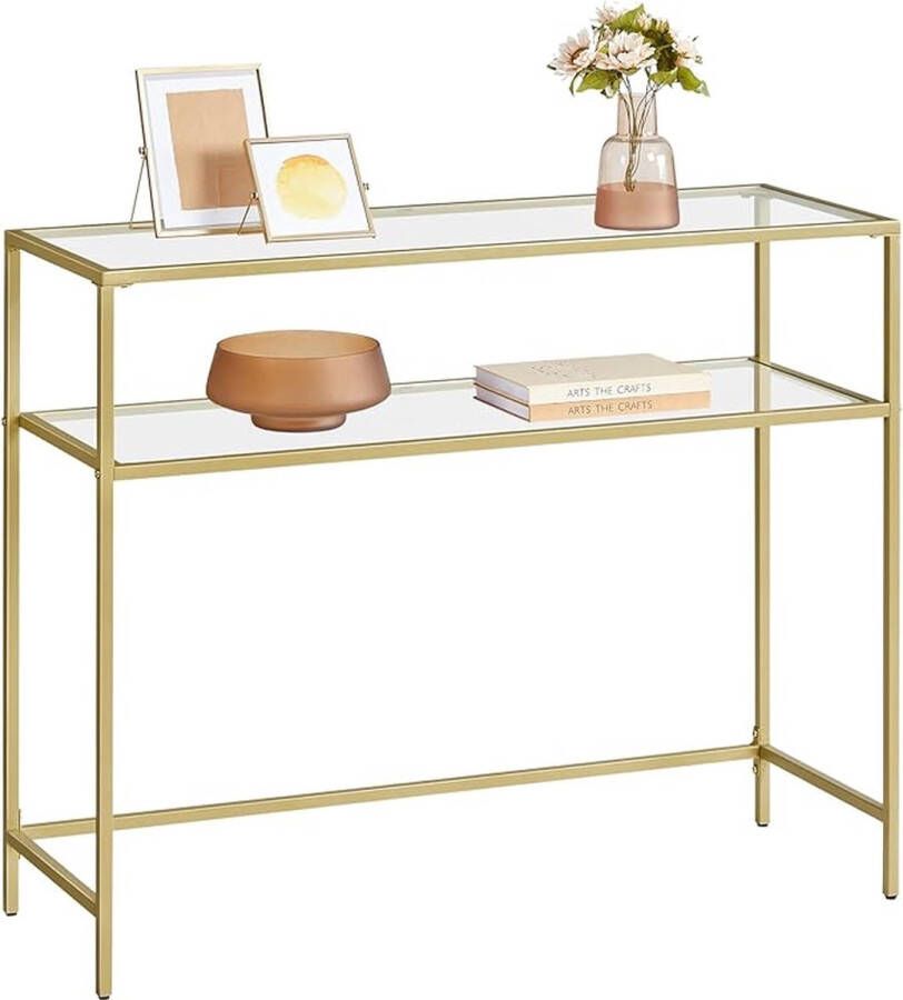 Merk-loos LGT025A01 Consoletafel ingangstafel bankpunt tafelblad van gehard glas eenvoudige montage verstelbare poten voor woonkamer entree hal goudkleurig en transparant