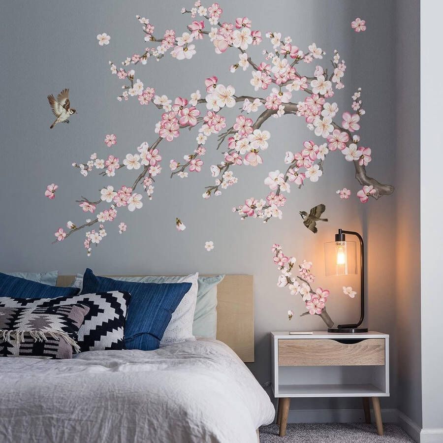 Merk los Muursticker roze kersenbloesem bloemen muursticker vogels op boom tak muursticker wanddecoratie voor woonkamer slaapkamer bank achtergrond