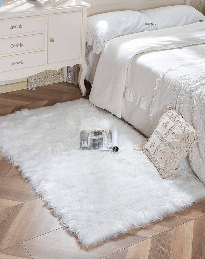 Merk los Tapijt van synthetische schapenvacht tapijt van kunstbont voelt als echte wol aan handgemaakt luxe zeteltapijt kussen (wit 60 x 90 cm vierkant)