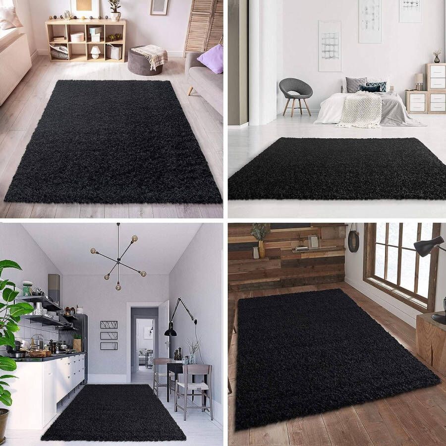 Merk los tapijt woonkamer zwart hoogpolig langpolig modern afmetingen: 120 x 170 cm