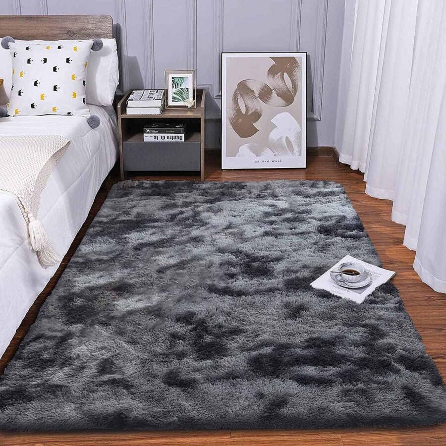 Merk los vloerkleden pluizige tapijten voor in de slaapkamer vloermatten anti-slip woonkamertapijten shaggy pluche tapijten voor de woonkamer woondecoratie (80 * 120 cm zwart grijs)