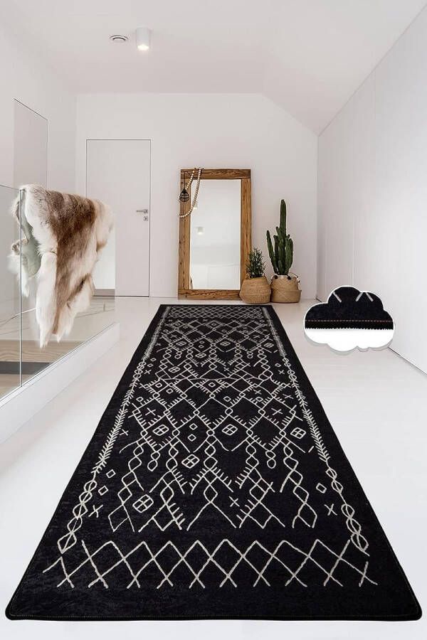 Merk los Vloerkleed voor de woonkamer laagpolig modern geometrisch antislip voor de gang tapijt gel loper zwart en wit (Chart Black 80 x 300 cm)
