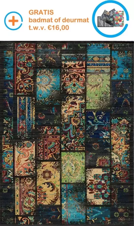 Merkador KLM-21061 Patchwork Bedrukt tapijten op chenille stof Vloerkleed Wasbaar Laagpolig Antislip 120x180 cm