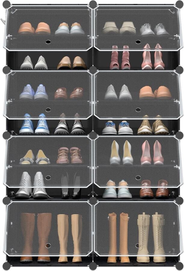 Merkloon Schoenenrek van kunststof DIY schoenenkast schoenenopberger schoenenrek met deur zwart 8 niveaus schoenenrek voor schoenen tassen gereedschap slippers opbergruimte 82 x 32 x 124 cm