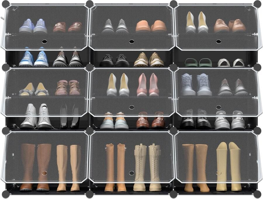 Merkloon Schoenenrek van kunststof DIY schoenenkast schoenenopberger schoenenrek met deur zwart 6-laags schoenenrek voor schoenen tassen gereedschap slippers opbergruimte 122 x 32 x 93 cm