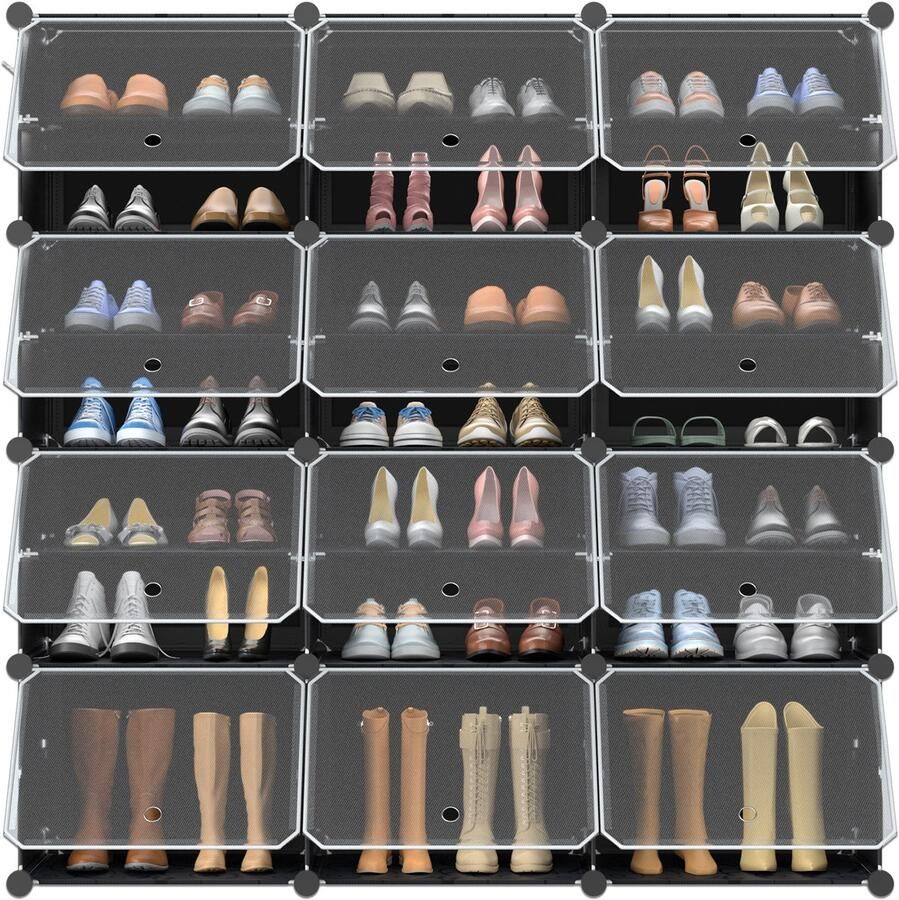 Merkloon Schoenenrek van kunststof DIY schoenenkast schoenenopberger schoenenrek met deur zwart 8 niveaus schoenenrek voor schoenen tassen gereedschap slippers opbergruimte ruimtebesparend 122 x 32 x 124 cm