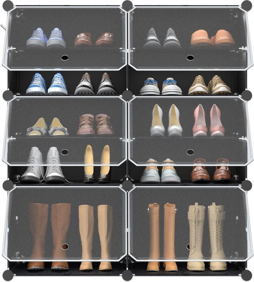 Merkloon Schoenenrek van kunststof DIY schoenenkast schoenenopberger schoenenrek met deur zwart 6-laags schoenenrek voor schoenen tassen gereedschap slippers opbergruimte 82 x 32 x 93 cm