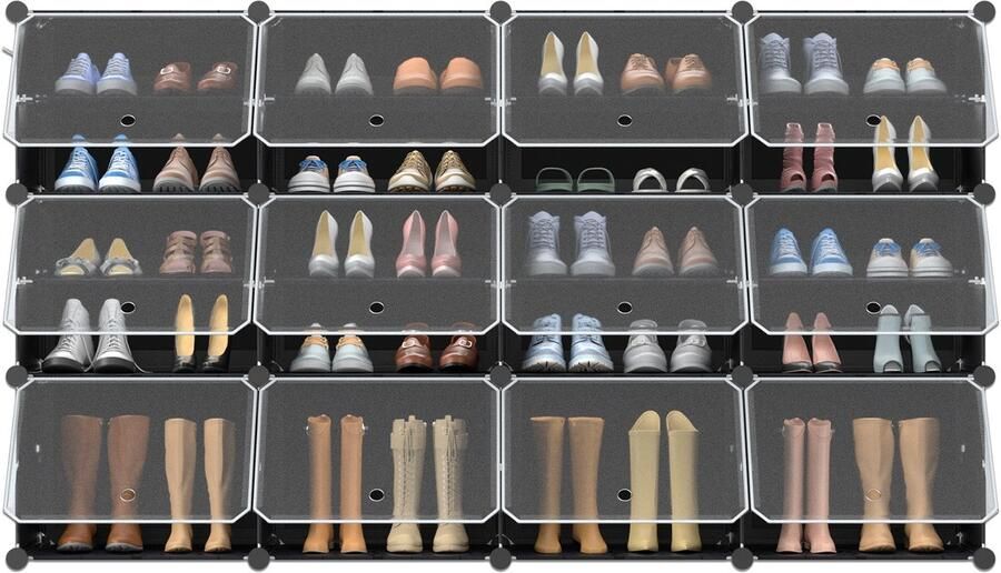 Merkloon Schoenenrek van kunststof DIY schoenenkast schoenenopberger schoenenrek met deur zwart 6-laags schoenenrek voor schoenen tassen gereedschap slippers opbergruimte 163 x 32 x 93 cm