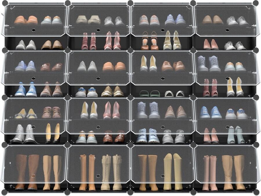 Merkloon Schoenenrek van kunststof DIY schoenenkast schoenenopberger schoenenrek met deur zwart 8 niveaus schoenenrek voor schoenen tassen gereedschap slippers opbergruimte 163 x 32 x 124 cm