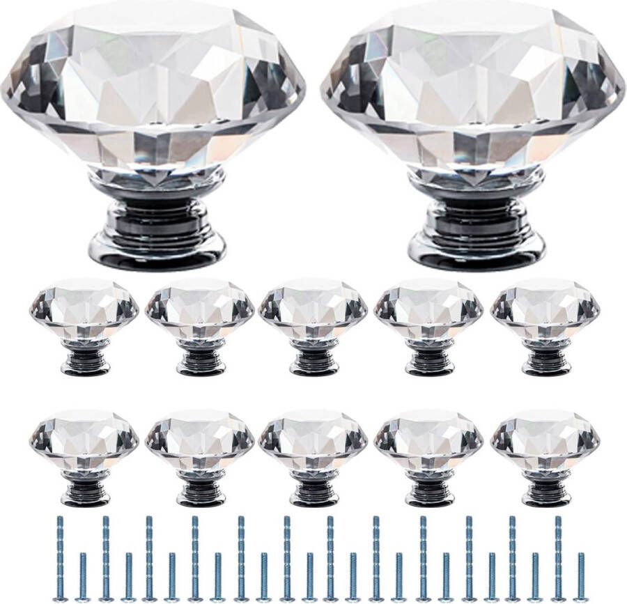 Merkloos 12 stuks kristallen ladeknoppen 42 mm diamant geslepen kristalglas met schroeven in 3 verschillende lengtes moderne ladeknoppen voor kastdeur lade kast schoenenkast