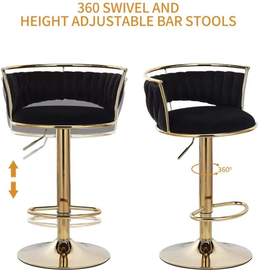 'merkloos'' 2-delige barstoelen met rugleuning in hoogte verstelbaar 55-76 cm 360 ° Draaibaar fluwelen metaal