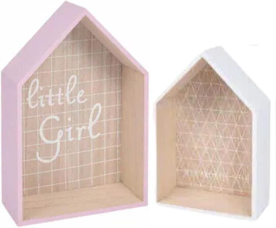 Merkloos 2 Stuks Minimalist Decoratieve Houten Wandhuis Set Voor Meisjes Wit en Roze