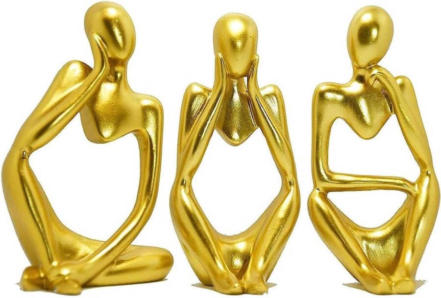 Merkloos 3-delige abstracte harssculptuur denker hars abstracte standbeeldsculptuur standbeelddenkersset beelden voor decoratie van huizen kantoren boekenplanken bureaus (gouden)