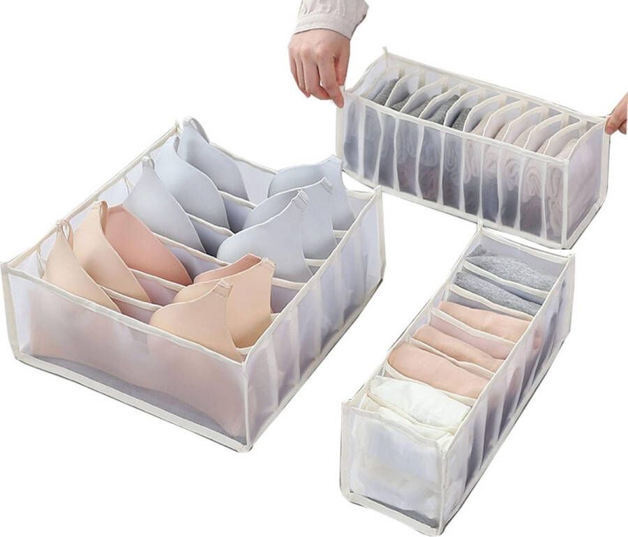 merkloos 3-delige opvouwbare mesh-organizer ondergoed lade-organizer voor babykleding sokken sjaals beha's (wit bruin grijs zwart) (bruin) nylon