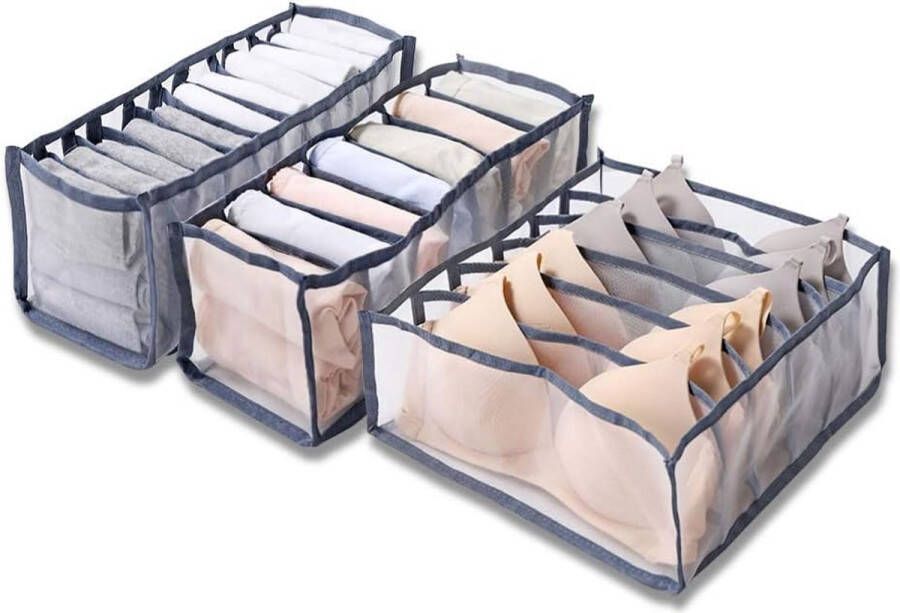 Merkloos 3-delige opvouwbare mesh-organizer ondergoed-lade-organizer voor babykleding sokken sjaals beha's (wit bruin grijs zwart) (grijs) nylon