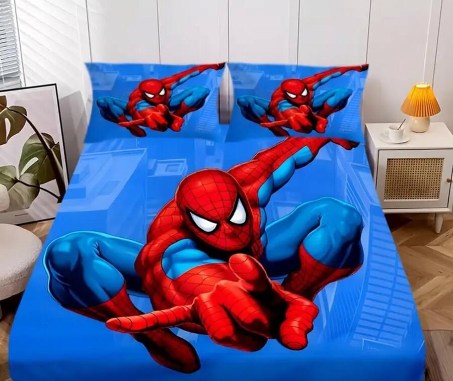 Merkloos 3-delige Spider-Man Hoeslakenset – Cartoon Beddengoed – Hoeslaken + 2 Kussenslopen – Zacht & Comfortabel – Vibrant HD Print – Voor Eenpersoons & Tweepersoonsbedden