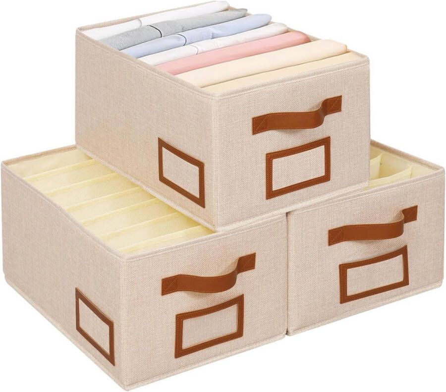 Merkloos 3 stuks groot opbergsysteem voor laden kledingkast organizer opvouwbare opbergdozen stof kledingopslag en organisatie met vakken voor broeken overhemden truien beige