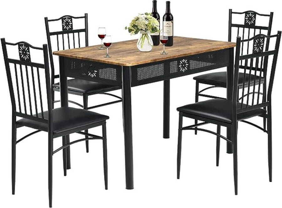 Merkloos 5-delige eettafelset eetgroep met 4 geleide stoelen keukentafel bistrotafel eetkamergroep zitgroep 4 personen hout voor keuken eetkamer (zwart)