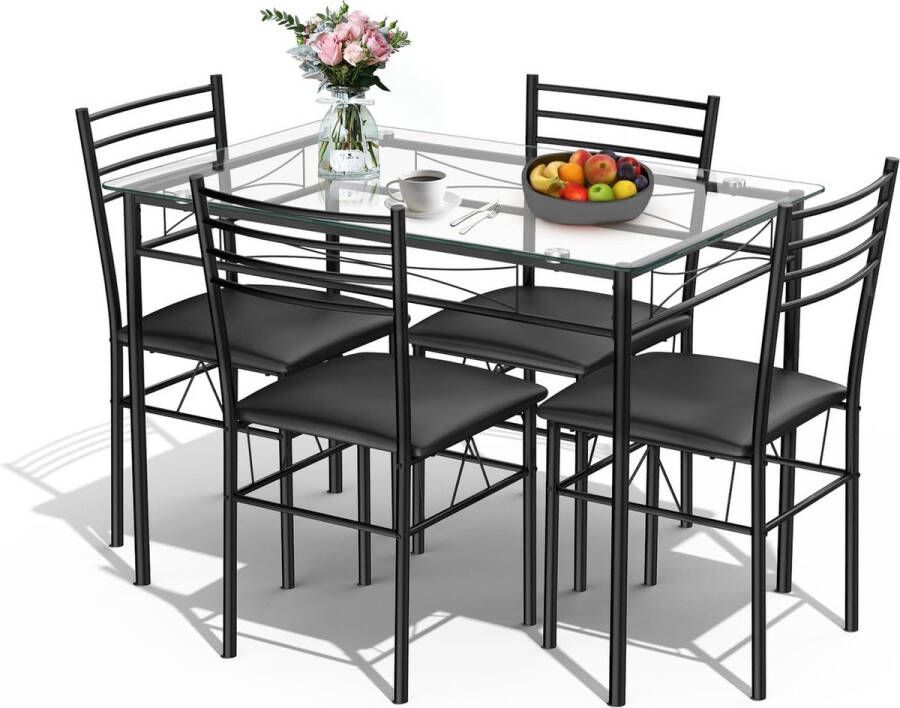 Merkloos 5-delige eettafelset eettafel met glazen blad eetset met gecapitonneerde stoel keukentafel met 4 stoelen zitset voor eetkamer keuken ruimtebesparend