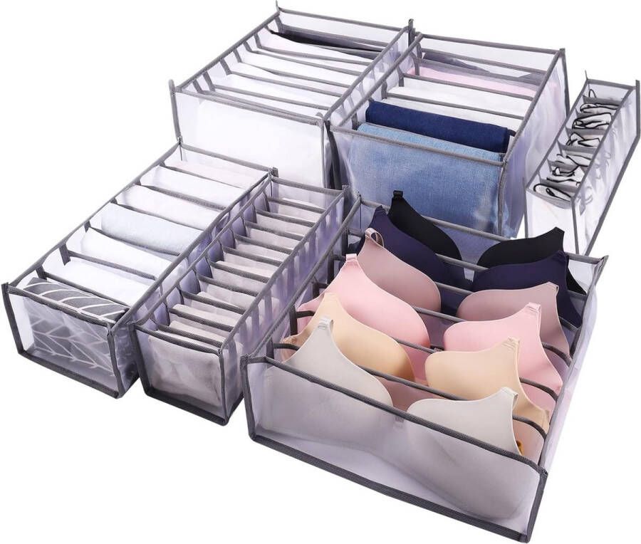 Merkloos 6-pack opvouwbare lade-organizer voor bh's slipjes stropdassen sokken en sjaals (6+7+9+11 roosters) grijs