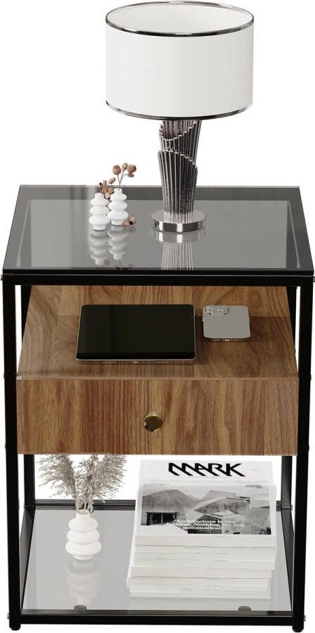 'merkloos'' AllinShop Bijzettafel Nachtkastje Salontafel Koffietafel Glas Hout Vierkant Glazen Tafelblad Met Lade Woonkamer Slaapkamer 43x43x54CM