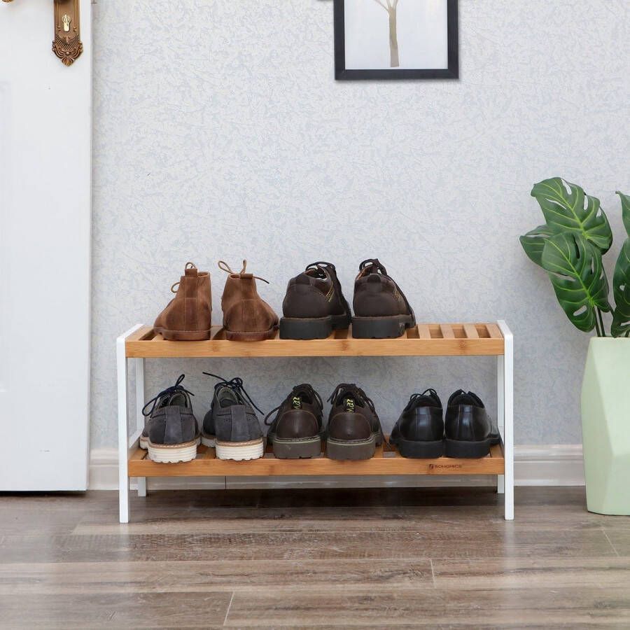 Merkloos Bamboe Schoenenrek 2 niveau's Badkamerplank schoenenkast Bamboe schoenenrek voor 8 paar schoenen Wit-natuurlijke kleuren 70 x 33 x 25 cm LBS02H