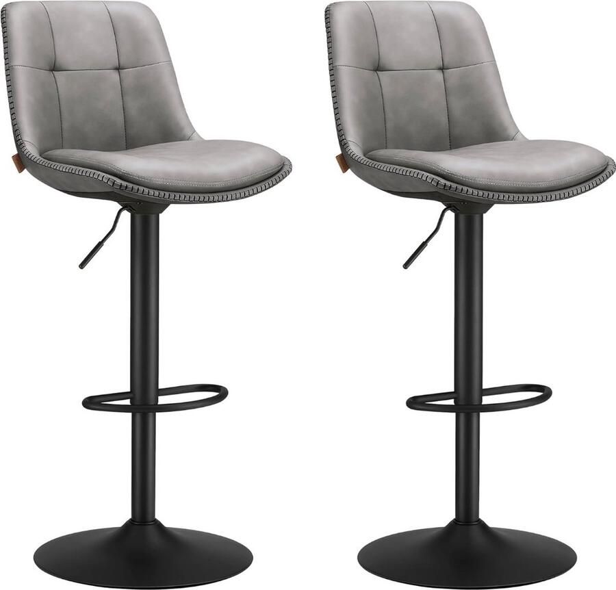 Merkloos Barkrukken Set van 2 barstoelen In hoogte verstelbare draaibare keukenkrukken Gewatteerde PU-hoes met rugleuning en voetsteun Eettafel Staal Duifgrijs
